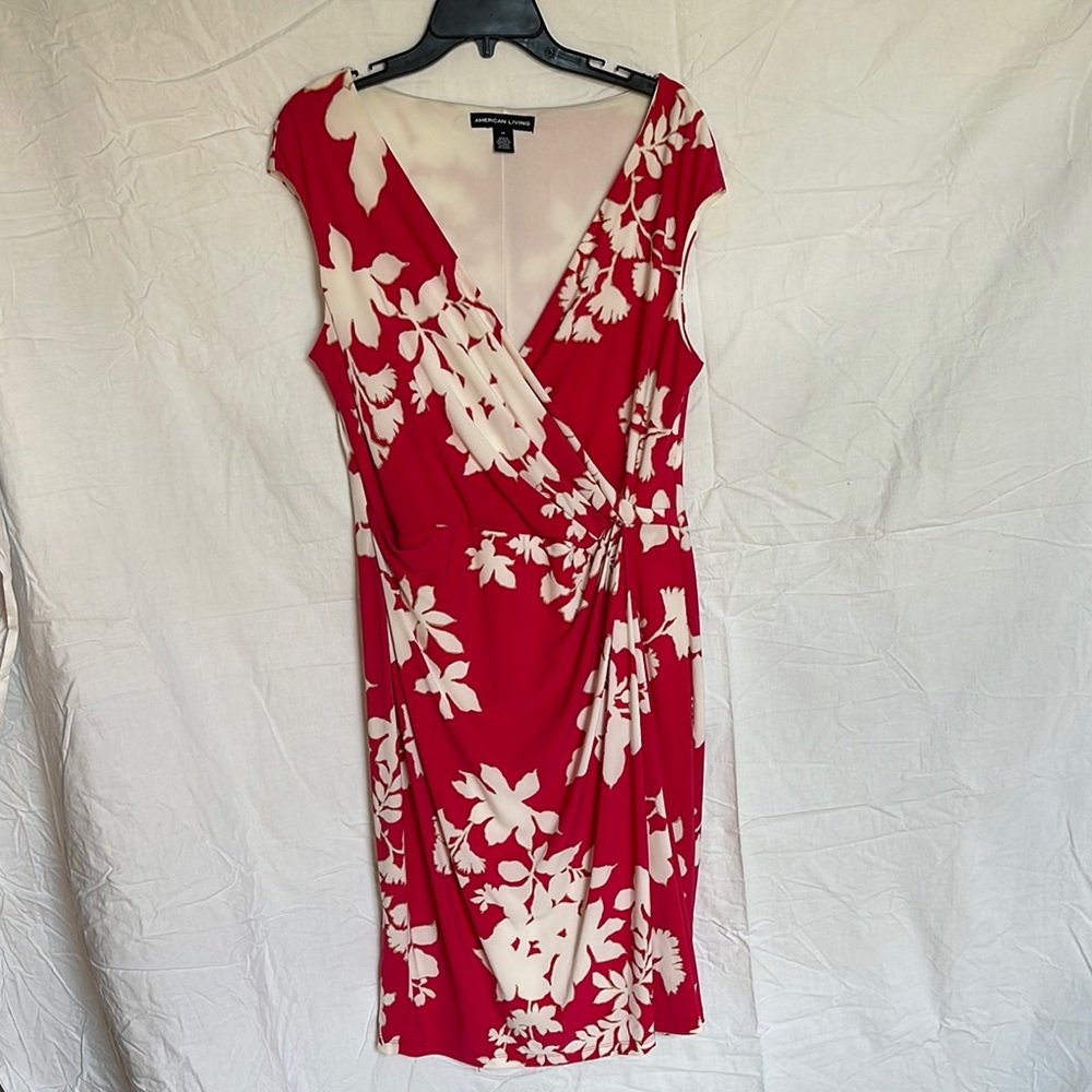 American Living White and Pink Asymmetrical Wrap Knee-Length Dress